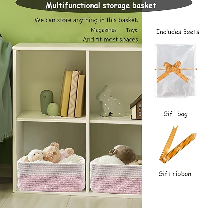 COMFY-HOMI 13" x 8.5" x 5.1" Storage Baskets for Organizing | Cotton Rope Woven Basket | Toy Storage Bin Box | Basket for She