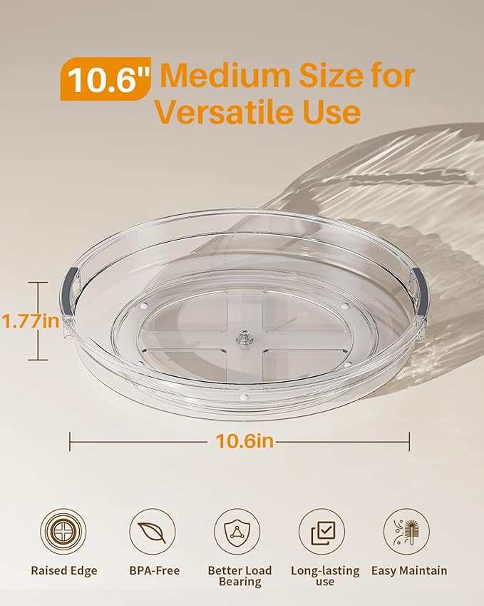 LAMU 2 Pack 10.6in Lazy Susan Organizer Turntable for Cabinet, Clear Lazy Susan for Refrigerator Rotating Organizer for Fridg