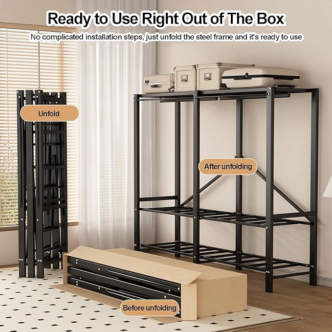 Portable Wardrobe Closet with Cover, Metal Clothing Organizer for Bedroom, Foldable Clothe Rack, Garment Rack for Hanging Clo