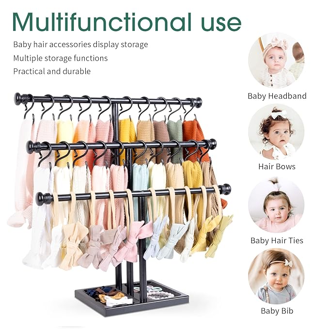 POVETIRE Headband Holder Stand Storage for Baby, 3 Tier Wooden Bow Organizer for Girls Hair Bows, Infant Hair Accessories Rac