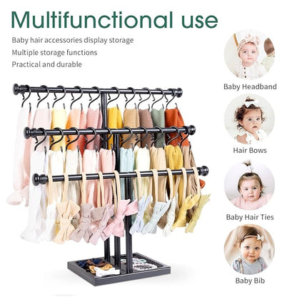POVETIRE Headband Holder Stand Storage for Baby, 3 Tier Wooden Bow Organizer for Girls Hair Bows, Infant Hair Accessories Rac