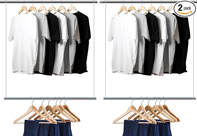 Hanging Closet Rod, 17-29In Adjustable Width and Up to 37In Height Adjustable Closet Rod Extender, Double Closet Rods Hanging
