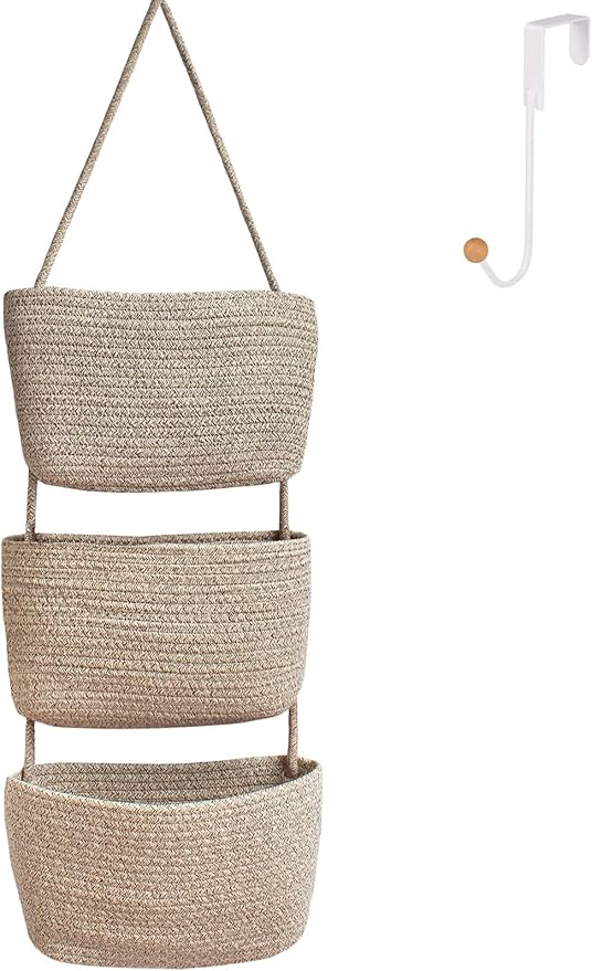 Over the Door Hanging Basket for Organizing 3 Tiers Woven Cotton Rope Wall Mount Storage basket Decorative Kitchen Hanging Or