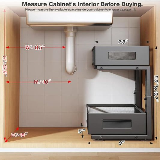 1 Pack 17IN Depth Under Sink Organizer, 2-Tier Pull Out Cabinet Organizer With Smooth Circular Rail, Large Capacity Metal Mes