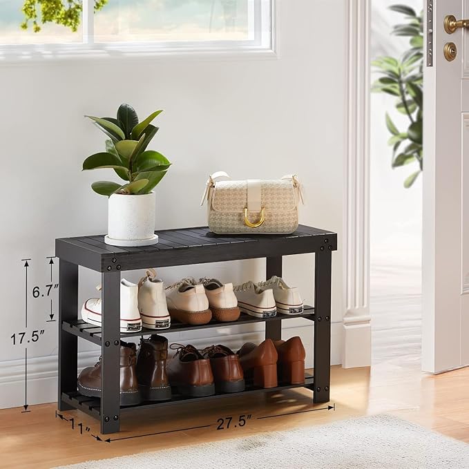 Pipishell Bamboo Shoe Rack Bench, 3 Tier Sturdy Shoe Organizer, Storage Shoe Shelf, Holds up to 300lbs for Entryway Bedroom L