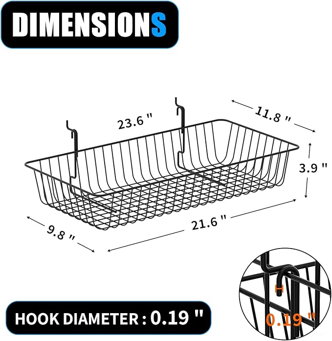 23.6" L x 11.8" D x 3.9" H - 6 pcs Black Wire Baskets for GridWall and SlatWall - Merchandiser Baskets,Grid wall Shelves Hang