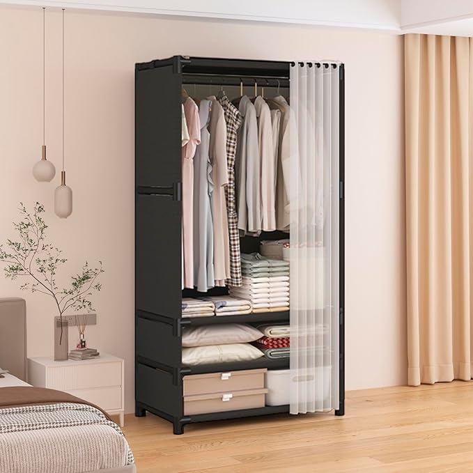 Portable Closet,Portable Closets for Hanging Clothes,Japanese Style Wardrobe with 1 Hanging Rods,2 Storage Shelves,27.5" L x 
