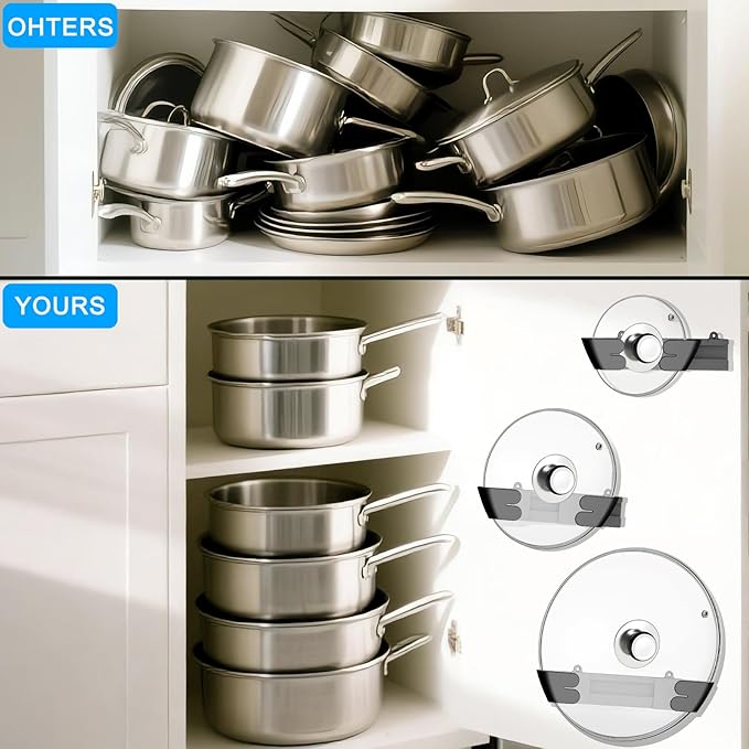 Adjustable Universal Pot Lid Holder Organizer - Upgraded Patented Pan Lids Organizers Inside Cabinet Door Wall Mount Pots Top Rack for Kitchen Cupboard Fit 6" to 13" (8Pack-Black)