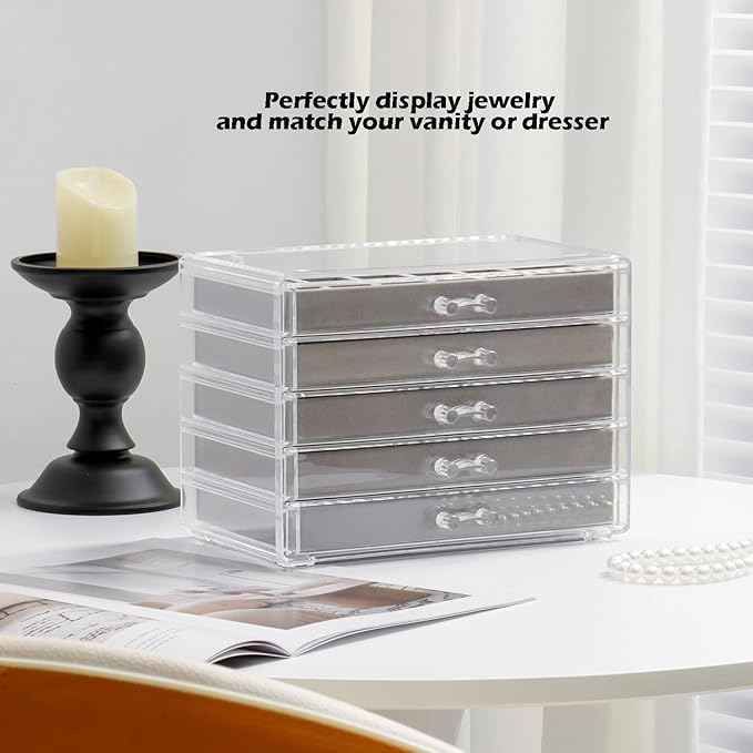 YUFONG Jewelry Organizer with 5 Drawers Clear Acrylic Earring Display Case Velvet Jewelry Storage Box Display Holder for Earr