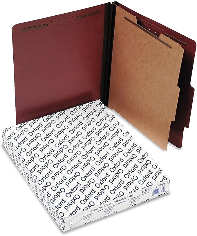 Pendaflex Pressboard Classification File Folders, 1 Divider, 2" Embedded Fasteners, 2/5 Tab Cut, Letter Size, Red, Box of 10 