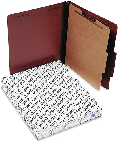 Pendaflex Pressboard Classification File Folders, 1 Divider, 2" Embedded Fasteners, 2/5 Tab Cut, Letter Size, Red, Box of 10 