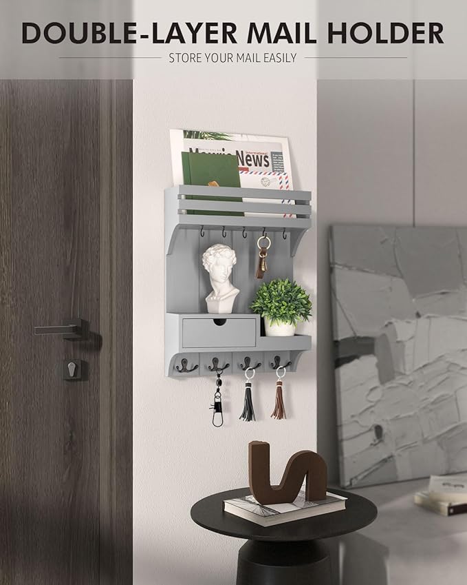 Rebee Vision Decorative Key Holder Wall Mount with Small Drawer Organizer - Modern Mail Organizer with 9 Key Hooks and Wall S