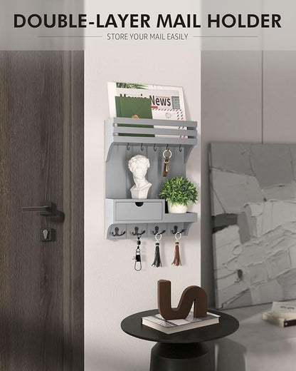 Rebee Vision Decorative Key Holder Wall Mount with Small Drawer Organizer - Modern Mail Organizer with 9 Key Hooks and Wall S