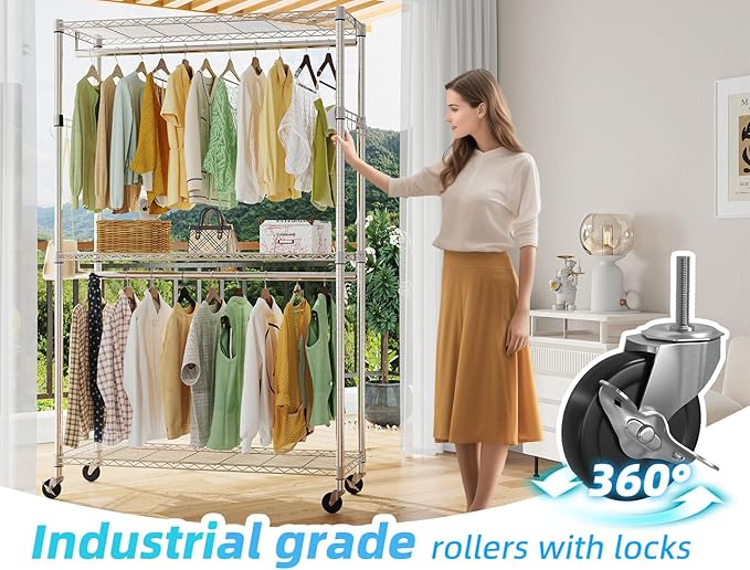 Simple Trending Clothing Garment Rack with 3 Tiers Storage Shelves, Heavy Duty Rolling Clothes Organizer Double Rods with Whe
