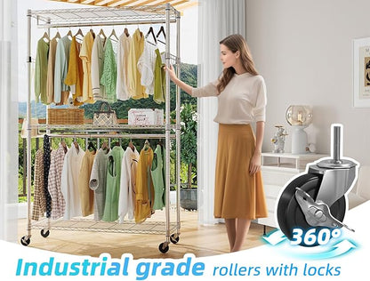 Simple Trending Clothing Garment Rack with 3 Tiers Storage Shelves, Heavy Duty Rolling Clothes Organizer Double Rods with Whe