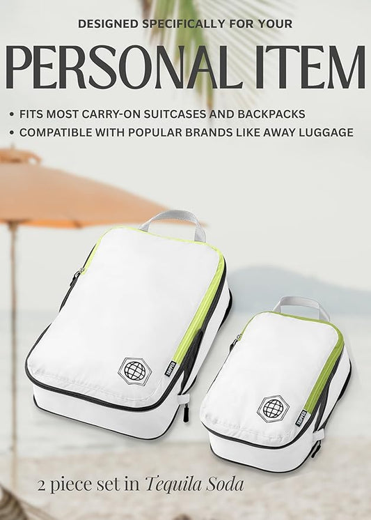 TRIPPED Compression Packing Cubes — 2-Piece Set | 1 Large (14"×10"×4") + 1 Small (10"×7"×4") | Compresses to 2" | Ripstop Nylon | Carry-On & Personal Item | White and Green
