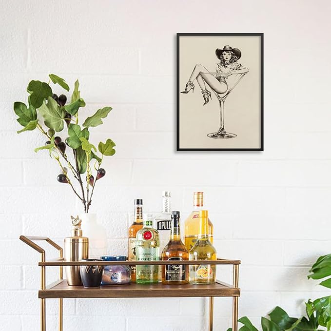 Vintage Western Black Framed Wall Art Coquette Cowgirl Martini Posters Prints 20x30 in Retro Bar Cart Cocktail Artwork Aesthe
