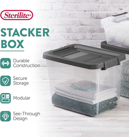Sterilite 24-Pack Modular Stacker Box, Durable Clear Plastic Storage Bins with Latching Lids, 30 Quart - Stackable Organizing