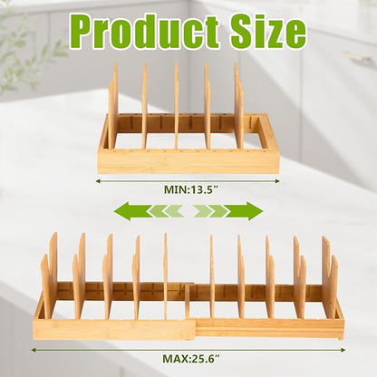 Pots and Pans Organizer for under Cabinet - Expandable Bamboo Pot Lid Organizer, Bakeware and Cutting Board Organizers, Drawer Pot Lid Holder Rack for Kitchen Organizers and Storage