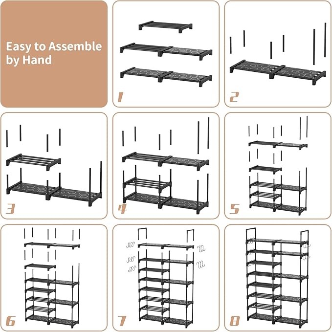 ROJASOP Shoe Rack Organizer, 8-Tier Metal Shoe Rack for Closet Entryway Garage, 26-32 Pairs Tall Shoe Boot Storage Shelf with