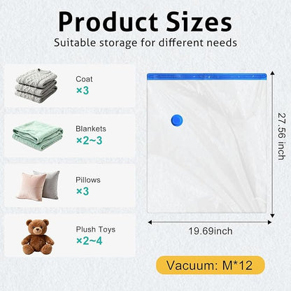 12 Pack Medium Travel Vacuum Storage Bags, Portable Vacuum Seal Bags for Clothing Travel with Pump, Space Saver Bag for Lugga