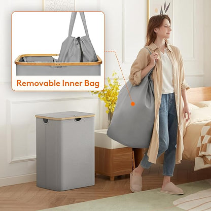 Lifewit 150L Laundry Basket with Lid, Clothes Hampers for Laundry with Bamboo Handles and 2 Removable Laundry Bags, Large Fol