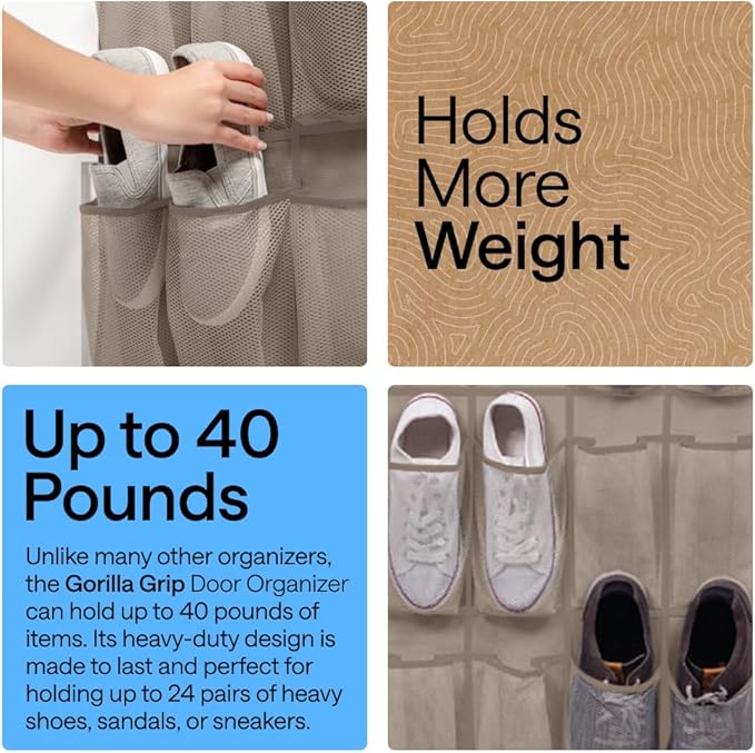 GORILLA GRIP Over the Door Shoe Organizer, 24 Large Breathable Mesh Pockets, Space Saving Hanging Storage Holder, Closet Rack