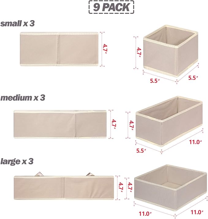 DIOMMELL 9 Pack Foldable Cloth Storage Box Closet Dresser Drawer Organizer Fabric Baskets Bins Containers Divider for Baby Cl
