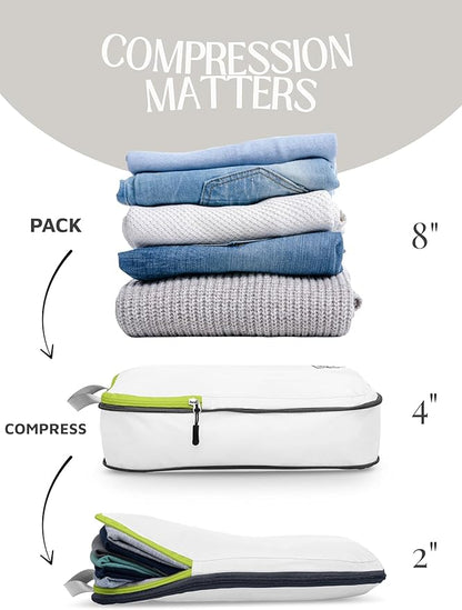 TRIPPED Compression Packing Cubes — 2-Piece Set | 1 Large (14"×10"×4") + 1 Small (10"×7"×4") | Compresses to 2" | Ripstop Nylon | Carry-On & Personal Item | White and Green