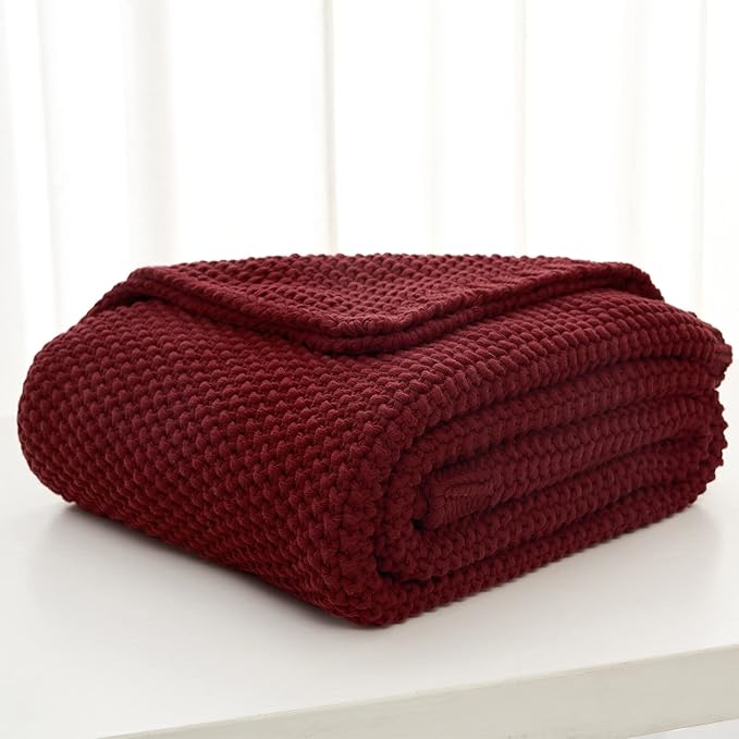 Chunky Cable Knit Throw Blanket Lightweight Wine red 100% Organic Cotton Blanket for Sofa Couch Bed Baby Nursery, Rustic Shab