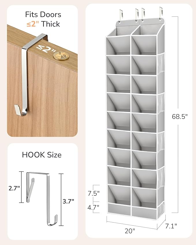 ULG Over The Door Shoe Organizer for Closet Fit 24-32 Pairs with Large Deep Pockets, Narrow Shoe Rack for Door Hanging Boots 