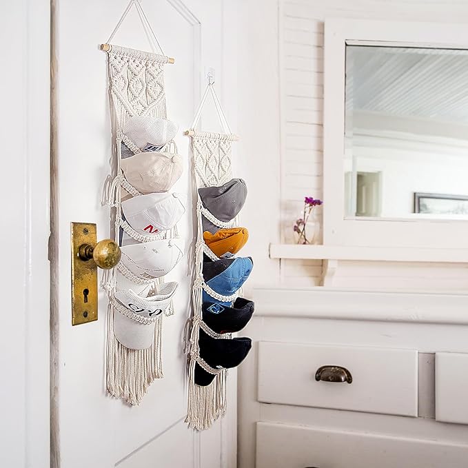jontell Boho Baseball Cap Hanger-1 Pack-Macrame Hat Organizer for Ball Caps Holder Over Door, Hat Rack for Wall, Cap Rack for