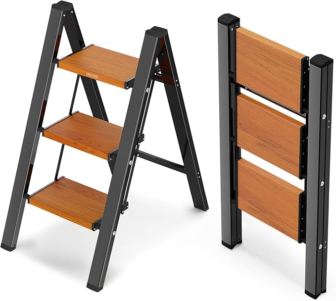 WOA WOA Step Ladder with Widened Pedals, Folding Step Stool with Anti-Slip Feet, Portable Home Ladder for Adults, Kitchen Sma