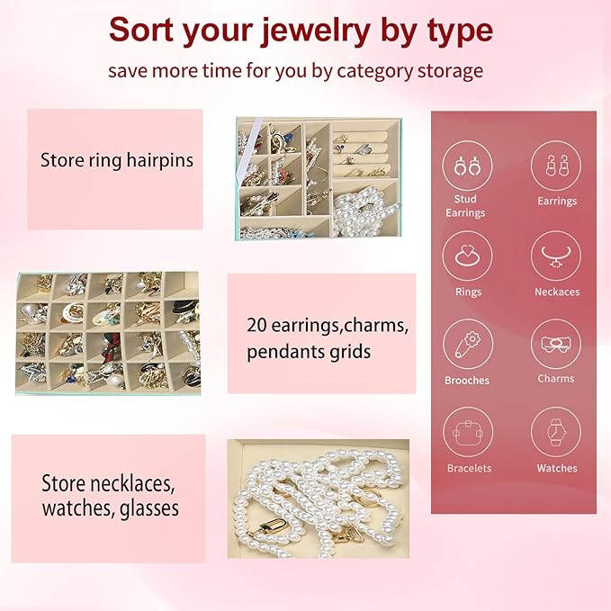 BOOVO Clear Lid Jewelry Box,3 Layers Jewelry Organizer Large Multi-Functional Jewelry Storage Box with 2 Drawers,Jewelry Disp