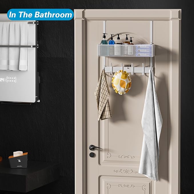 Over The Door Hooks Organizer, Over The Door Towel Rack with Mesh Basket, 10 Coat Hooks and 2 Wreath Hangers, Bathroom Door O