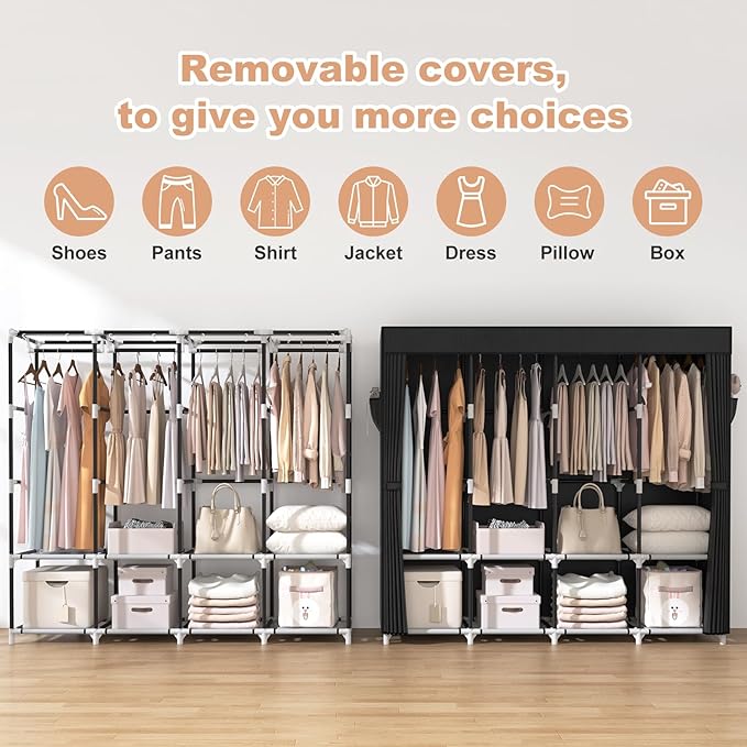 VTRIN Portable Closet for Hanging Clothes 67 Inch Wide Large Capacity Portable Wardrobe Closet with Cover, 4 Storage Shelves 