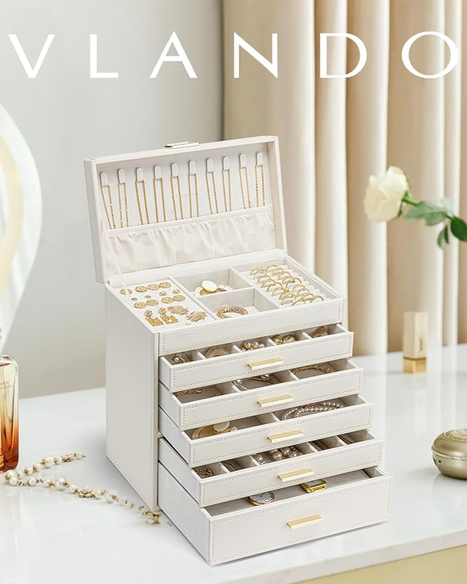 Vlando 6 Layer Large Jewelry Box - Jewelry Holder Organizer, Jewelry Box Organizer for Drawer Necklace Ring Bracelet and Watc