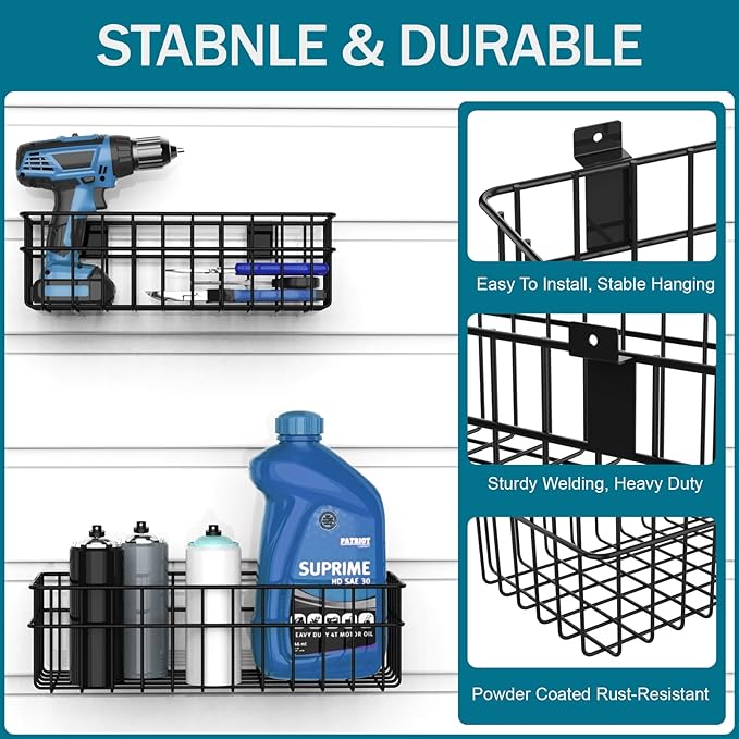 4 Pack Large Size Slatwall Baskets Set, Ventilated Metal Hanging Storage Slat Wall Basket, Mounted Slatwall Accessories for G