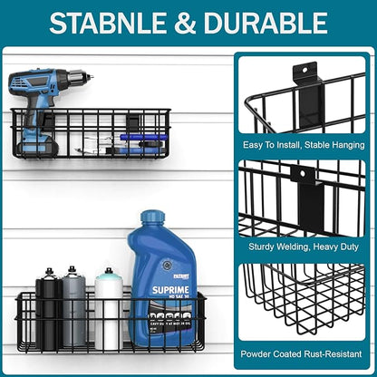 4 Pack Large Size Slatwall Baskets Set, Ventilated Metal Hanging Storage Slat Wall Basket, Mounted Slatwall Accessories for G