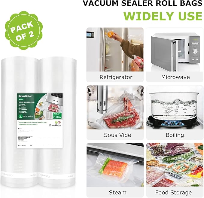 Bonsenkitchen Vacuum Sealer Bags, 11 in x 50 ft Rolls 2 Pack Seal Bags for Food Storage Saver, BPA Free, Commercial Grade Tex