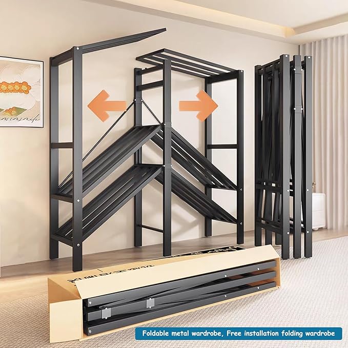 Heavy Duty Covered Clothes Rack with Magnetic Door Foldable Portable Wardrobe Closet for Hanging Clothing Rolling Black Metal