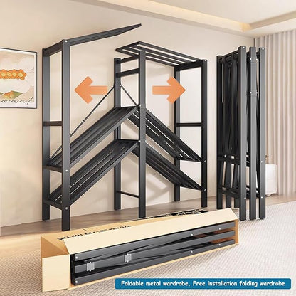 Heavy Duty Covered Clothes Rack with Magnetic Door Foldable Portable Wardrobe Closet for Hanging Clothing Rolling Black Metal