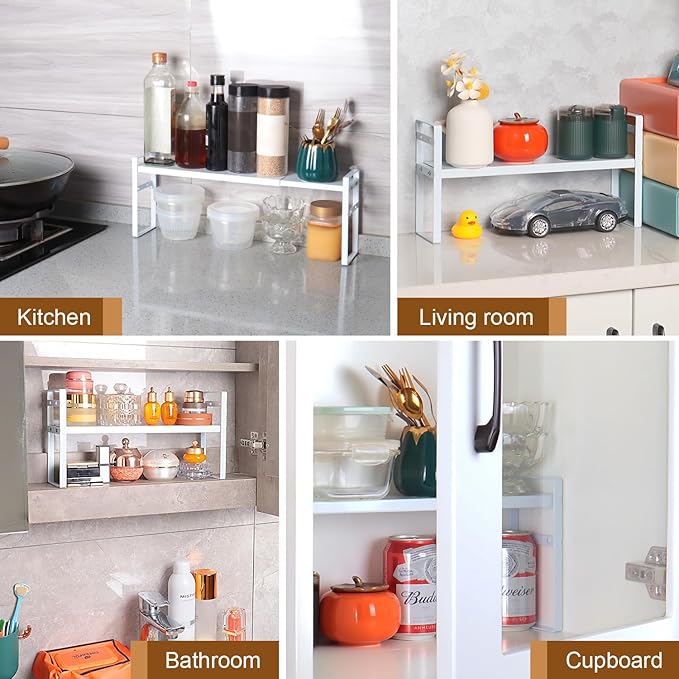 Small Expandable Medicine Cabinet Shelf, 3.58” Wide Metal Storage Stand with Adjustable Layers & Non-Slip Pads for Kitchen, P