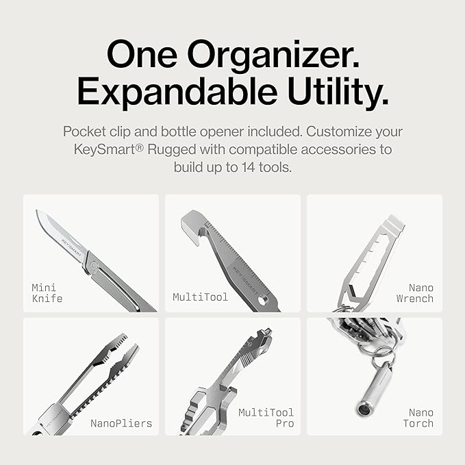 KeySmart Rugged - Multitool Key Holder for Keychain w/Bottle Opener and Pocket Clip, Organizer for Keys, EDC Keychains, Ring 