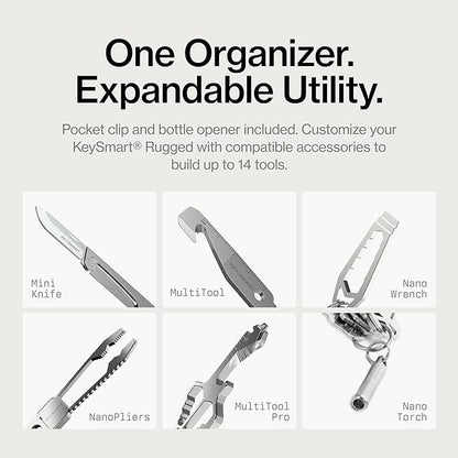 KeySmart Rugged - Multitool Key Holder for Keychain w/Bottle Opener and Pocket Clip, Organizer for Keys, EDC Keychains, Ring 