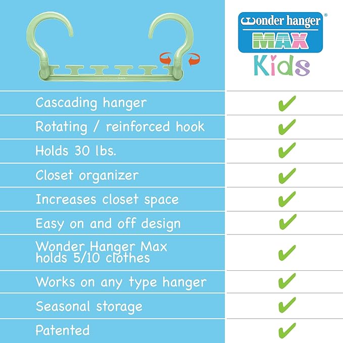 Wonder Hanger Max 10-Pack Space Saving Hangers, Reinforced Hooks Swivels 360°, Cascading Hanger, Teens, College Dorms, Kids &