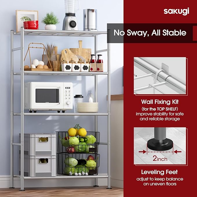 Sakugi Storage Shelves - 4 Tier Shelf Organizer, Heavy Duty Garage Shelving Unit with Leveling Feet, Stable Metal Shelves Org