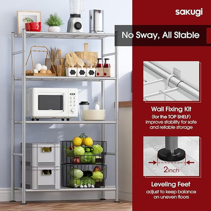 Sakugi Storage Shelves - 4 Tier Shelf Organizer, Heavy Duty Garage Shelving Unit with Leveling Feet, Stable Metal Shelves Org