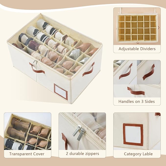 INSTY Shoe Organizer for Closet Fit 24 Pairs, Large Foldable Shoe Storage Containers Box Bin w/Adjustable Dividers and Clear 