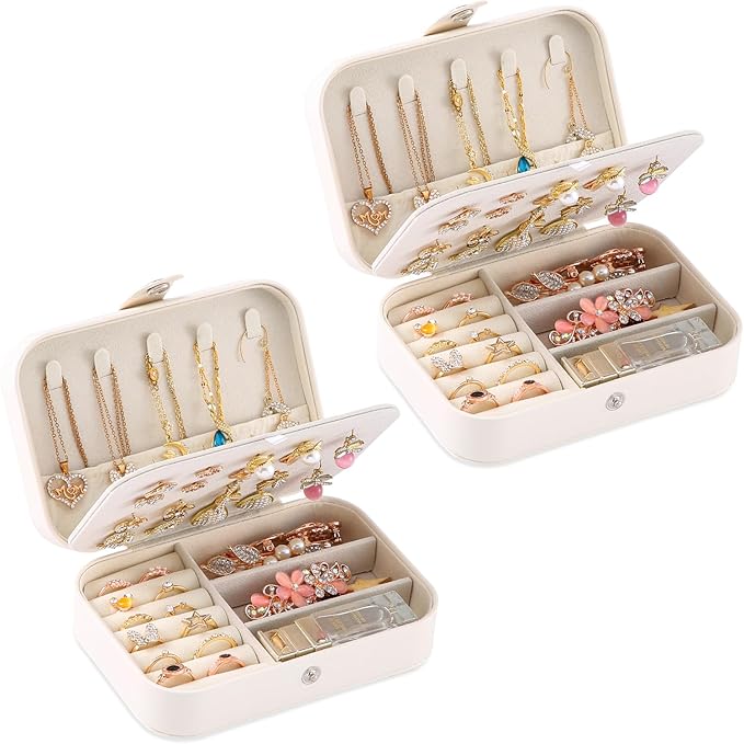 Travel Jewelry Box, PU leather Small Jewelry Organizer For Female Girls, double layer portable mini travel case for storing e
